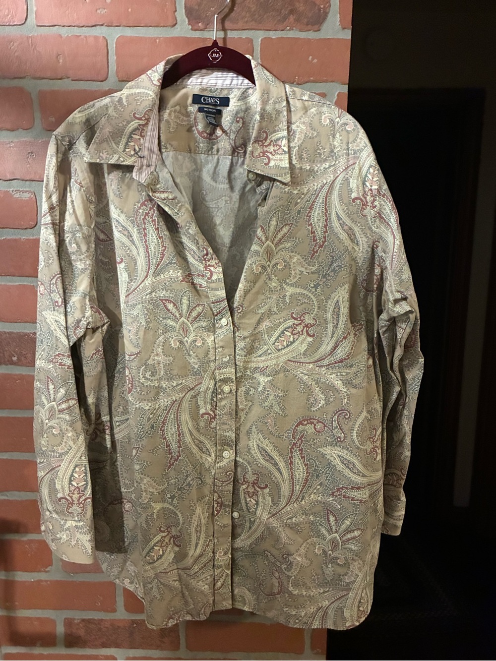 Chaps Women's Tan Paisley Button-Down Shirt with Red Accents